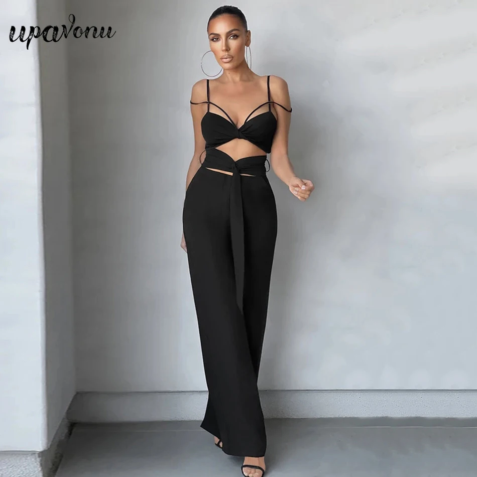 

Free Shipping Fashion Black White Hollow Wide Leg Jumpsuit 2021 New Summer Elegant Office Women's Sling Waist Jumpsuit Clothing