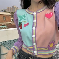 korean fashion sweater women spring autumn cherry embroidered color matching hollow out long sleeved thin knit cardigan