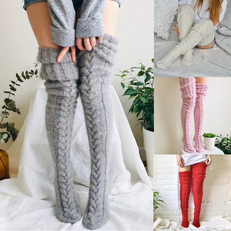 

Популярные вязаные носки выше колена, длинные сапоги, удлиненные пучки, носки из шерстяной пряжи, женские носки выше колена, носки до бедра