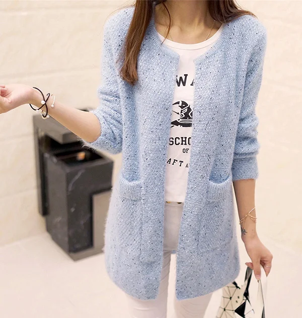 light blue Демисезонный длинный кардиган, Женский вязаный кардиган с длинным рукавом, женский свитер, женская вязаная куртка, топы, свитер для женщин - Color: light blue