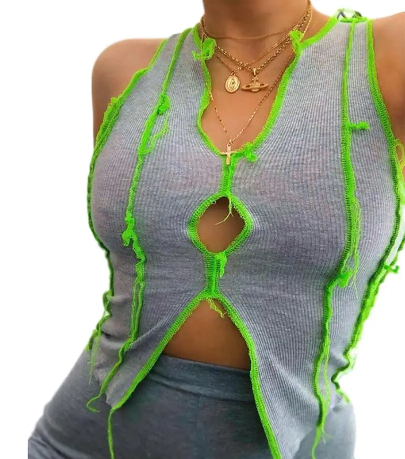 

Trendy Street Casual Wear Crop Tops Women Ribbed Knitting Tank Tops Fashion Tollow Out Sleeveless Vest Summer Basic Tees Female