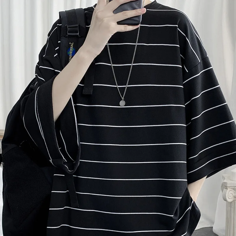 

Summer Striped T Shirt Men's Fashion Casual Loose Short-sleeved T-shirt Men Streetwear Wild Hip-hop Tshirt Mens Tops