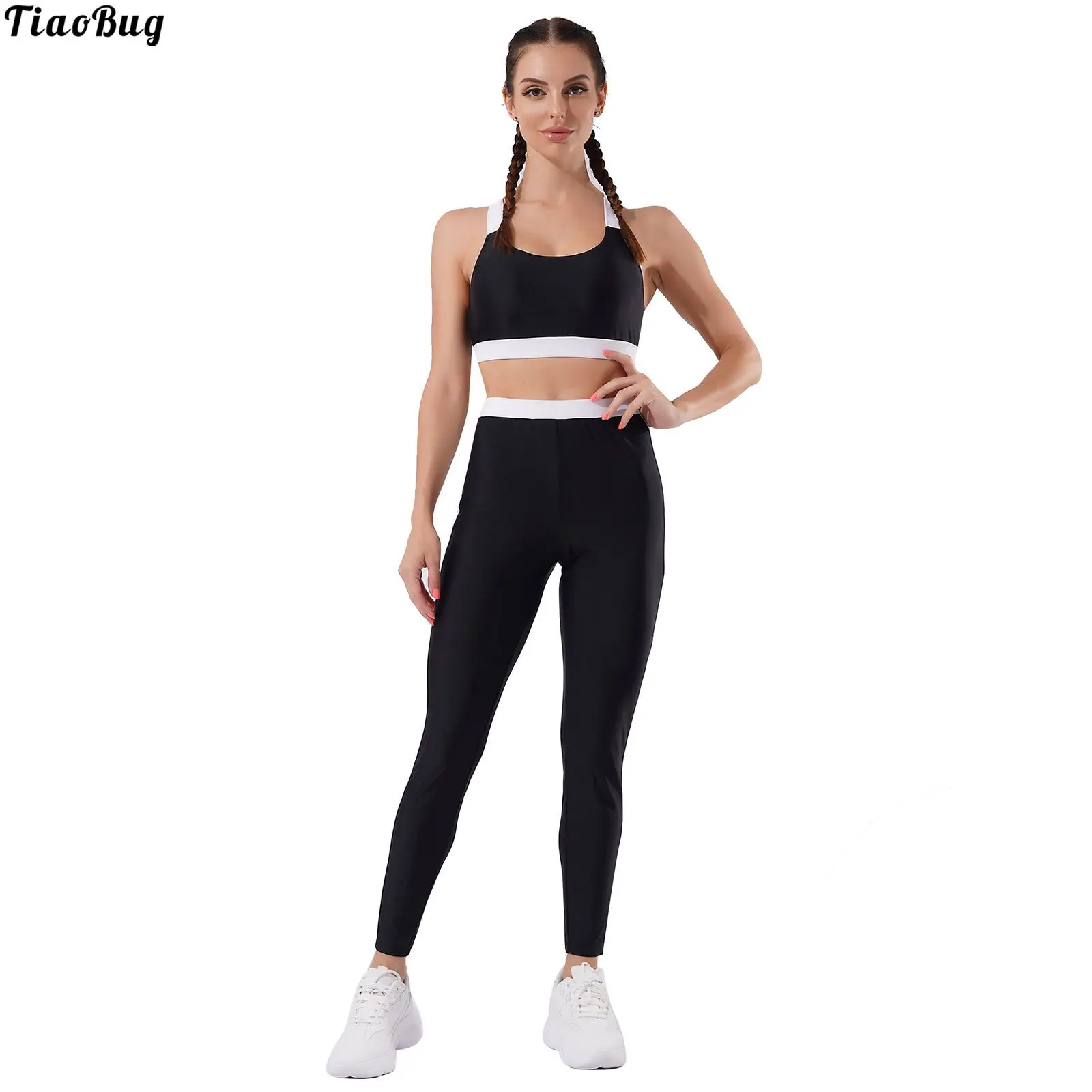 

TiaoBug Women Contrast Color 2Pcs Sport Gym Yoga Outfit Wide Shoulder Strap Removable Padded Cropped Tank Top With Leggings Sets