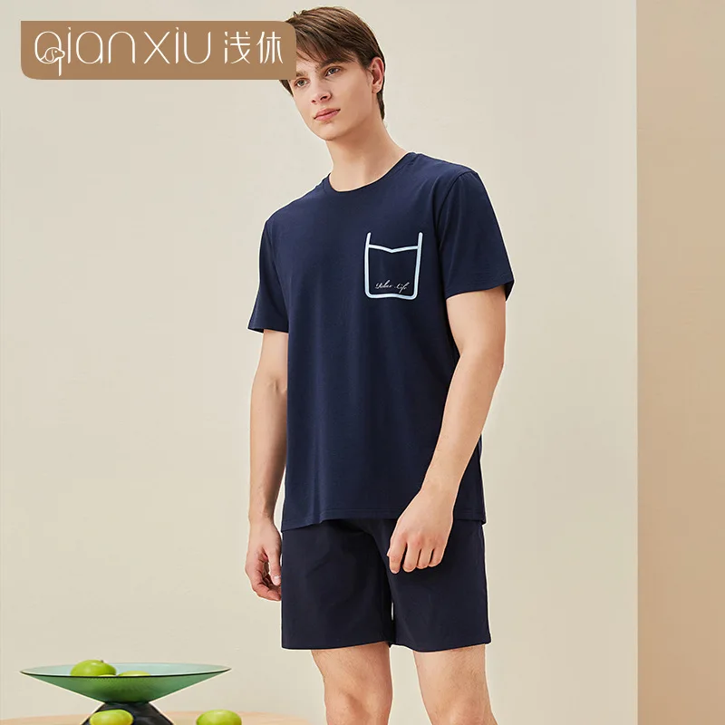 

Knitted cotton short sleeve shorts men's home furnishing suit summer new bamboo fiber cotton pajamas for men