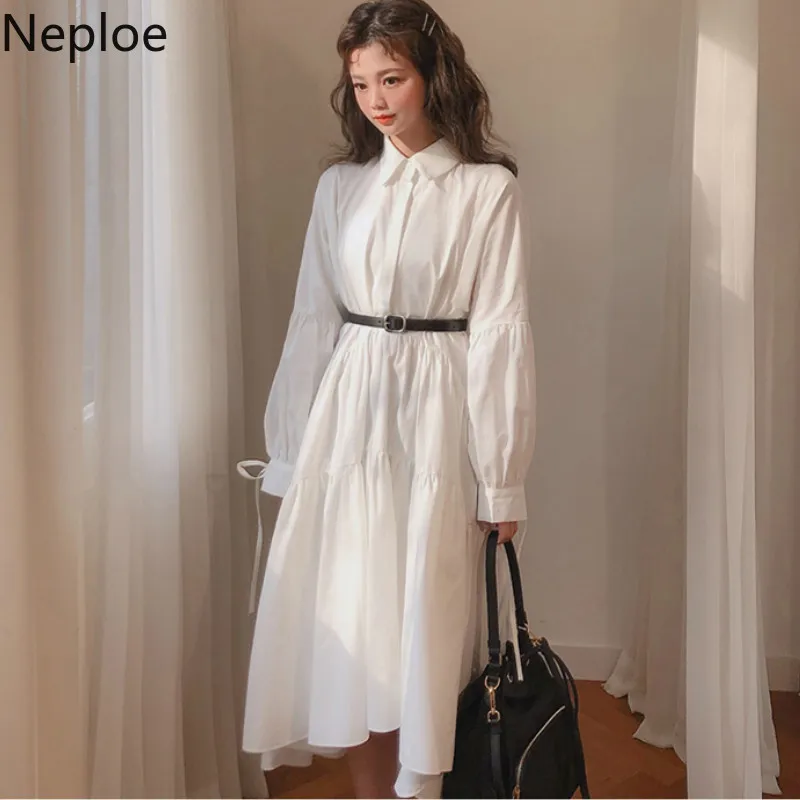 Neploe, корейское, шикарное женское платье, лето, Ретро стиль, отложной воротник, длинный рукав, vestidos, свободные, на завязках, одноцветные платья, 44572