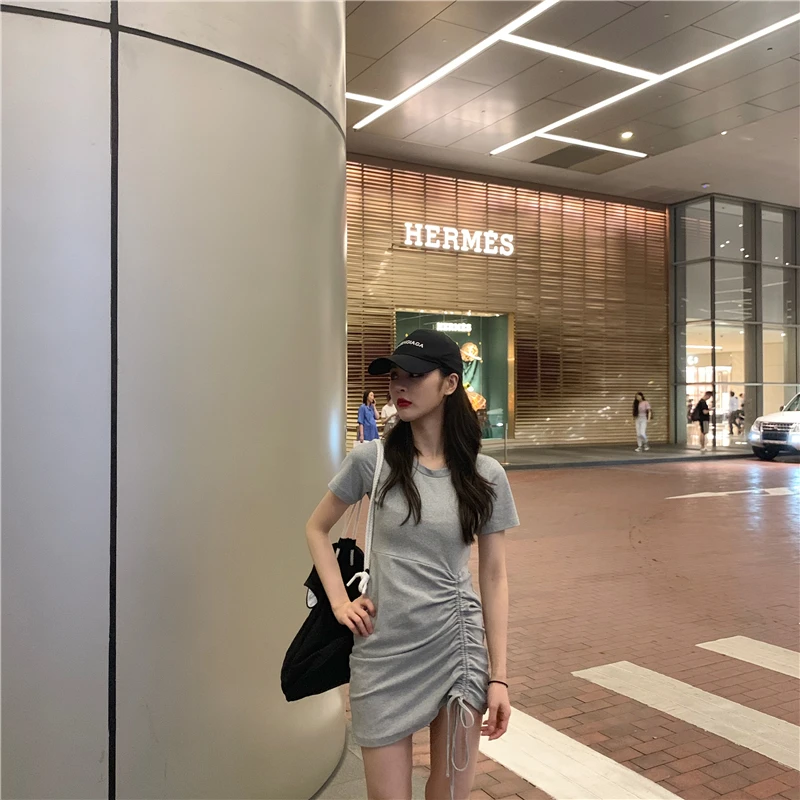 

Strapless Sexy Drawstring A- line Skirt Slimming Sheath Skirt Halter Skirt 2021 New Summer Knitted Dress for Women