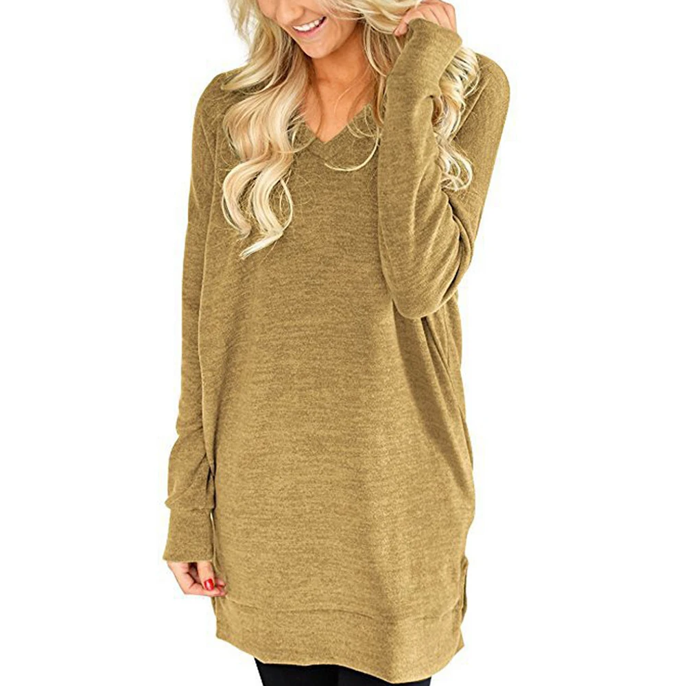 

VICABO Pockets Solid Color Women Tshirt Sides Split Long Sleeve T Shirt Female V Neck Tops Casual Loose Woman Shirts