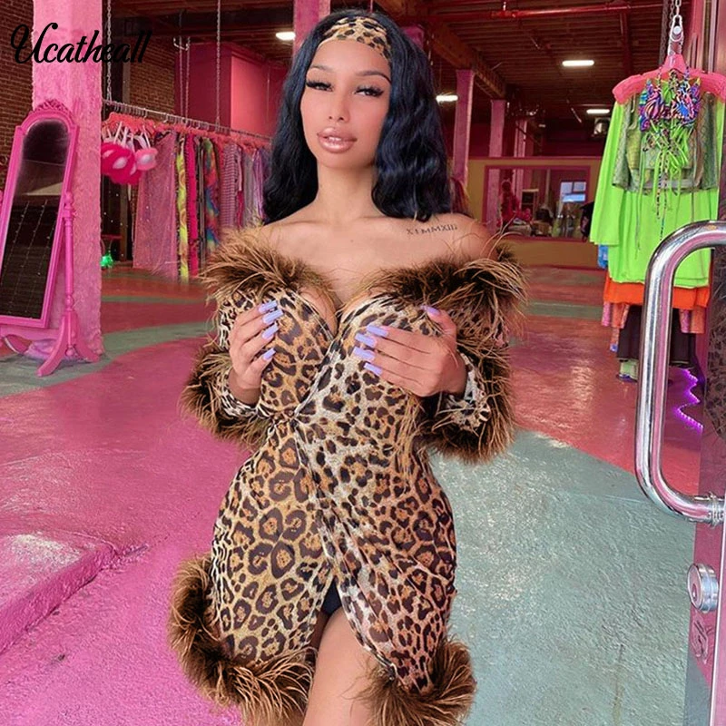 Женское платье с длинным рукавом и V образным вырезом леопардовым