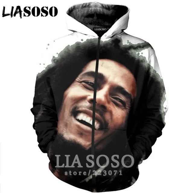 LIASOSO 2020 Новая мода Мужская 3D печать певица Боб Марли толстовка на молнии унисекс