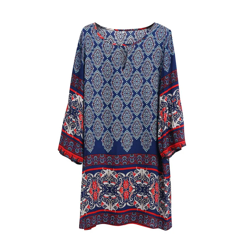 

2019 Summer Women Dress Flare Sleeve Hot Sale Vintage Print Dress Round Neck Knee-Length Dress Loose Women's Clothing