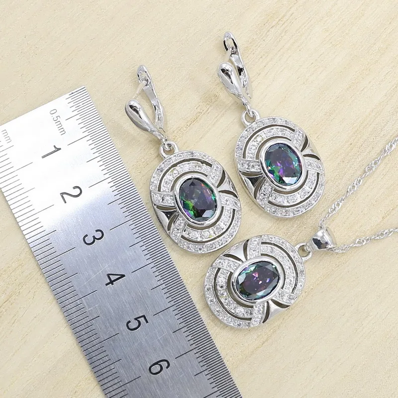 Набор украшений для женщин с геометрическим радужным цирконием серебряного