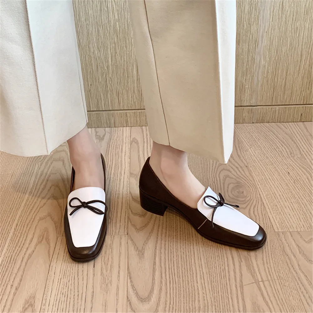 

MILI-MIYA Fashion Mixed Color Square Toe Women Full Genuine Leather Pumps Butterfly Knot Slip On Office Career Shoes Size 34-40