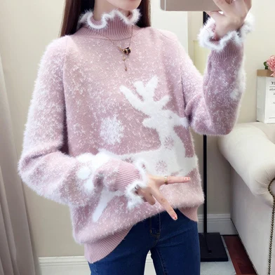 pink sweater Уродливый Рождественский свитер с оленем, водолазка, кашемировый свитер для женщин, высокий ворот, пушистый мех, зимние свитера, Pull Femme - Цвет: pink sweater