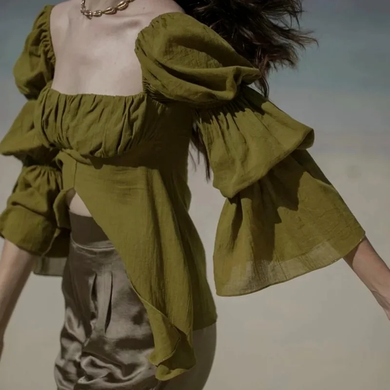 

New Fashion Retro Trumpet Sleeve Elegant T-shirt Women Spring 2021 New Square Neck Front Slit Irregular Personality Women Top