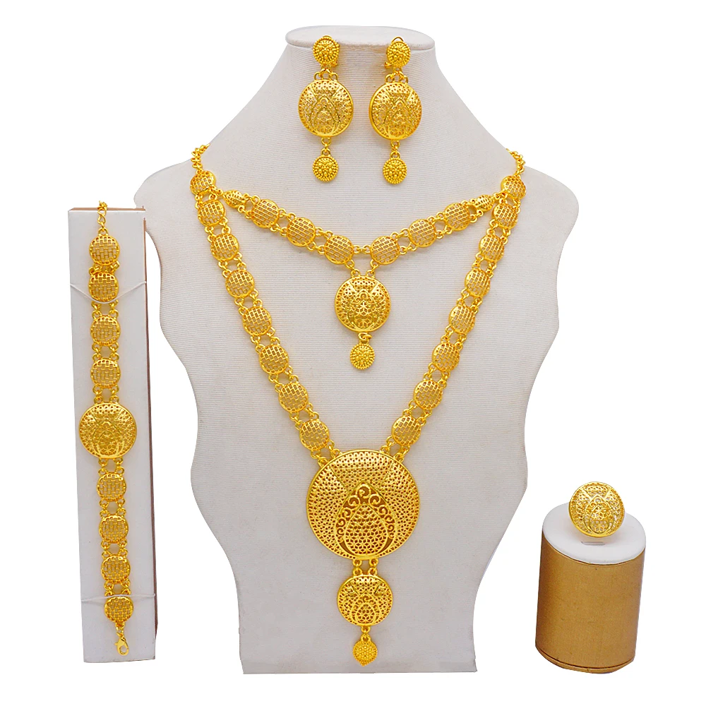 Dubai Gold Color Jewelry Sets For Women Double Layer Necklace Earrings Rings Bridal African Wedding Wife Gifts