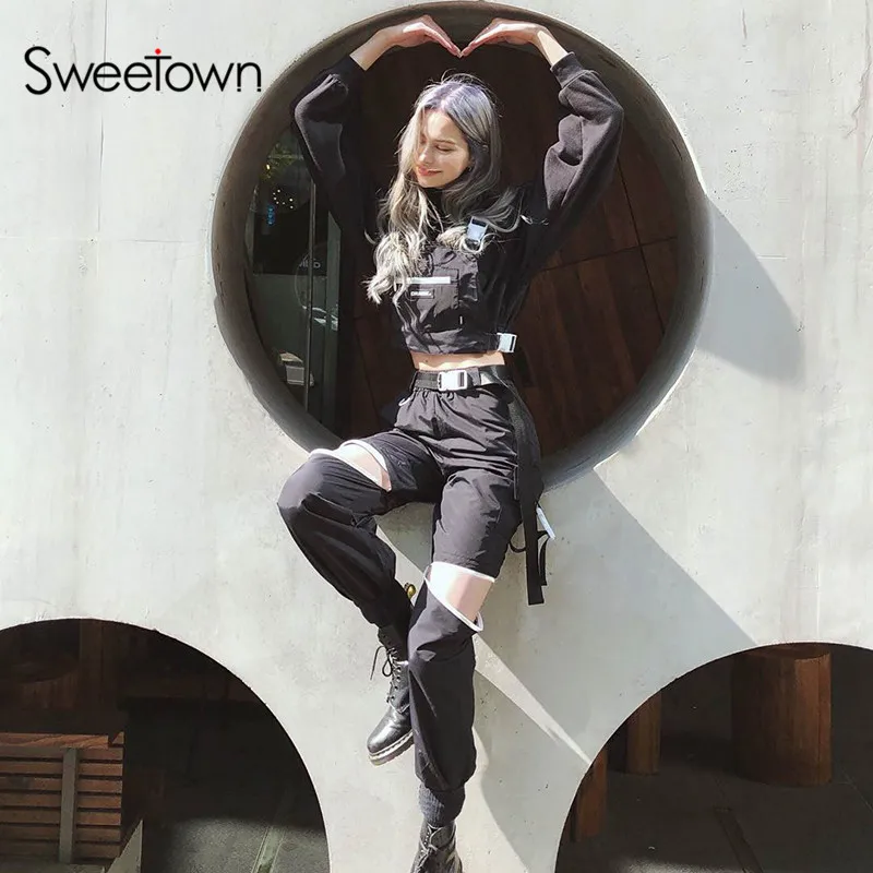 Sweetown черные панк готические уличная женские брюки-карго на молнии с открытой пряжкой брюки с высокой талией хиппи спортивные штаны осень-зима