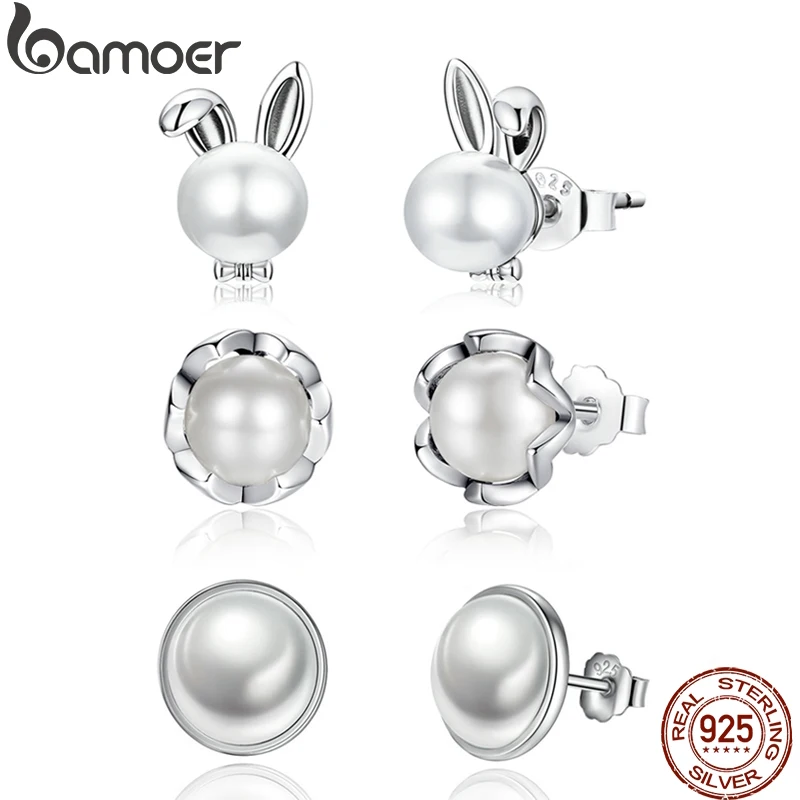 

BAMOER 925 стерлингового серебра свадебные жемчужные серьги-гвоздики с рисунком милые заячьими ушками с круглым белым циферблатом и серьги для ...
