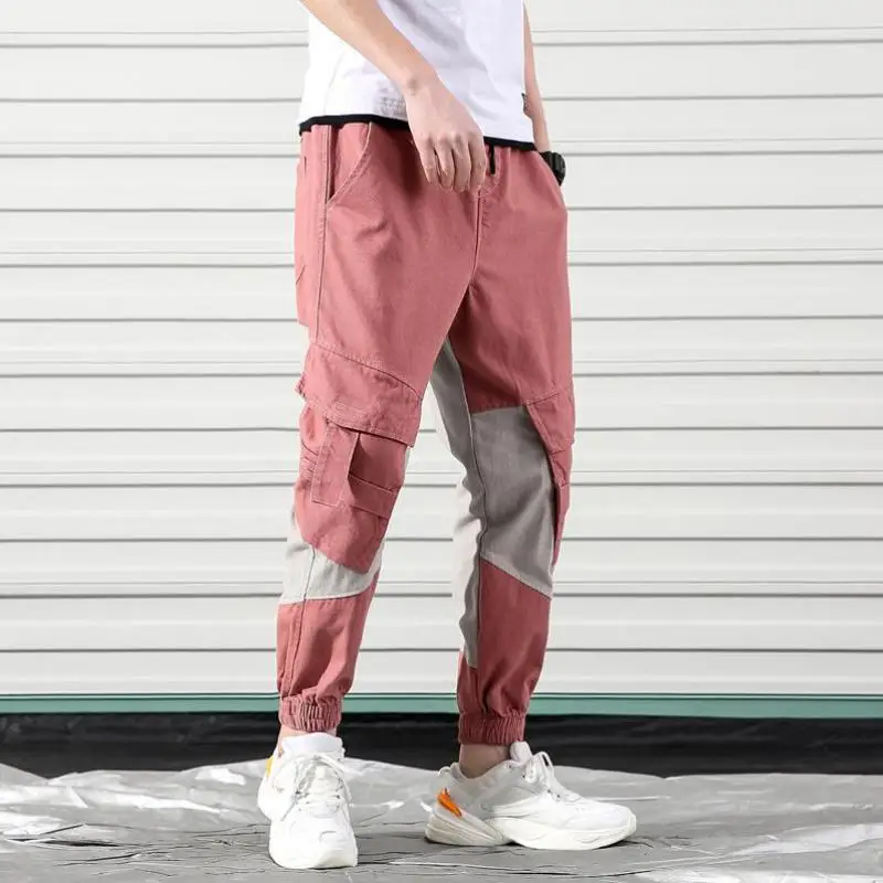 Уличная мода мужские джинсы розовый цвет большой карман брюки карго Сращенные