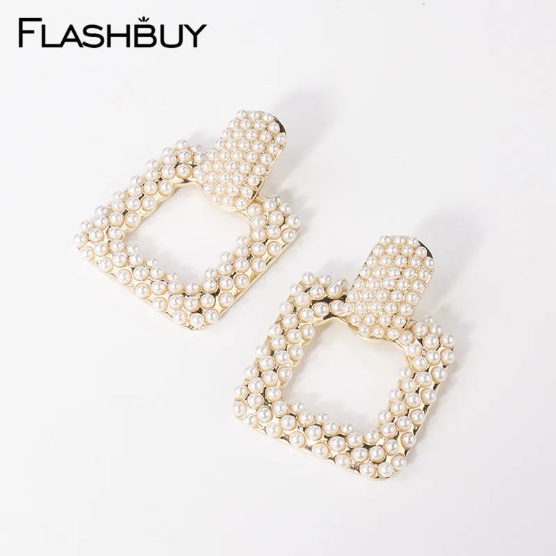 Flashbuy металлические эффектные перламутровые серьги из горного хрусталя для женщин Геометрические Квадратные трендовые серьги свадебные серьги ювелирные изделия для девочек