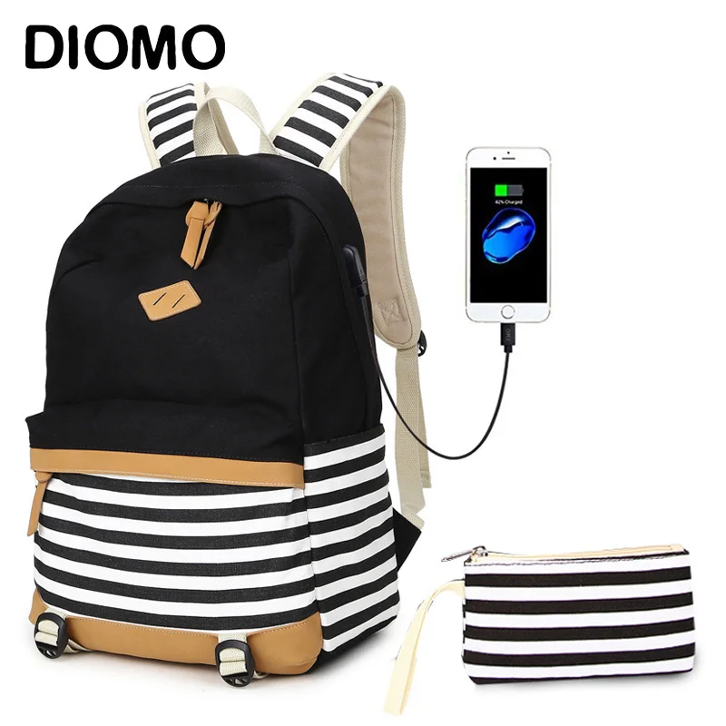 DIOMO 2022 USB зарядка, школьные сумки для девочек, холщовая хлопковая ткань, Модный Полосатый рюкзак для детей, сумка, школьный рюкзак