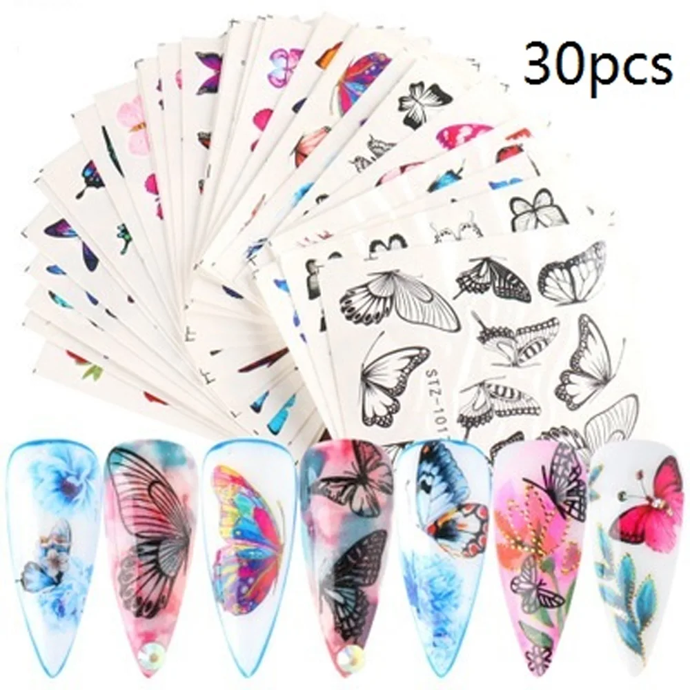 

Набор гибридных наклеек для дизайна ногтей, 30 шт., черные кружева, многоцветные блестящие цветочные водные переводки, маникюр, бабочки, Набо...
