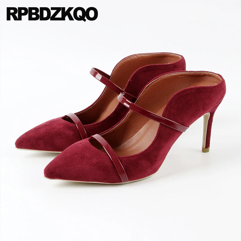 

Suede Pointed Toe Summer Strap 3 Inch Stiletto Plus Size Red Mules Slipper Ladies High Heels Shoes Modern Sandals 2021 Pumps New