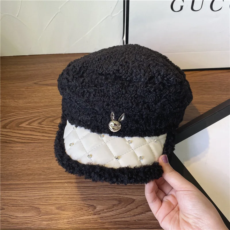 

British Wind Hat Female Lamb Hair Imitation Leather Warm Navy Cap Skin PU Leather Water Drill Wind-proof Fashion Cap