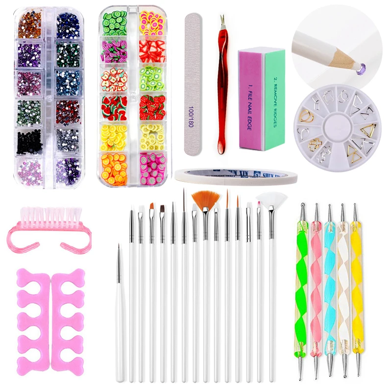 

31Pcs Nail Art Decoration Tools Set Nail Brushes + Buffer Files + Rhinestones + Dotting Rhinestones Pen + Striping Tape Stickers