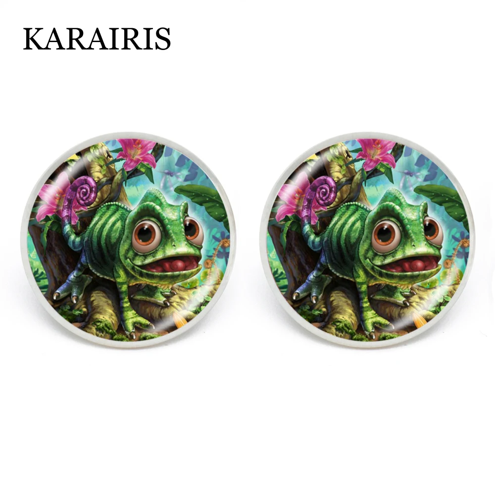 

KARAIRIS Charm Chameleon Glass Cabochon Stud Earrings Cute Cartoon Chameleon Earrings For Women Fashion Jewelry Drop Shipping