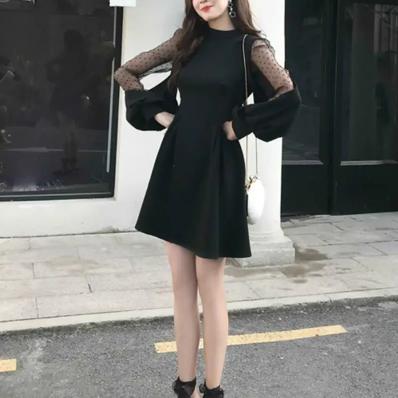 2019 осеннее женское мини платье с рукавом фонариком и круглым вырезом