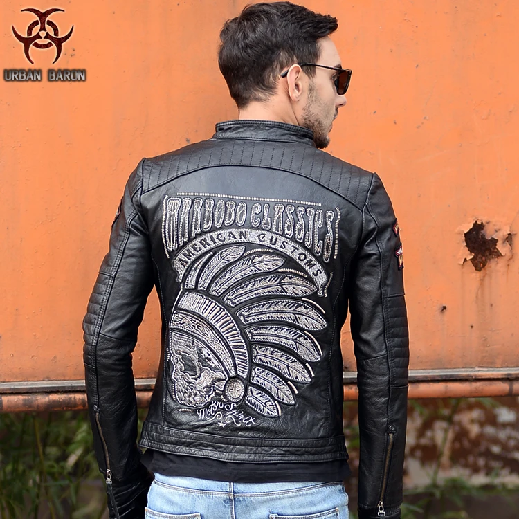 

shipping.New Brand Free clothing black men india skull Jackets men's genuine leather biker jacket.motorbiker vintage