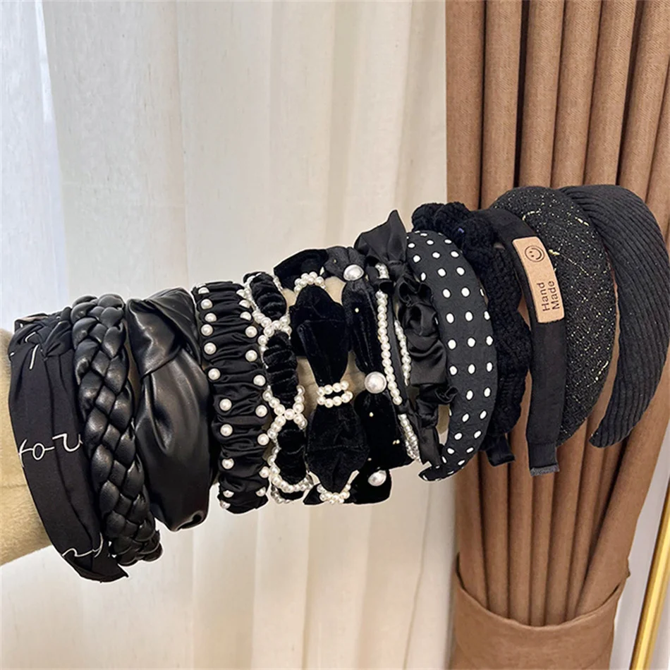 

Winter Autumn Women Black Wide Hairband Padded Pearl Cross Fashion Headband Girls Headwear Korean Hair Hoop Bands Accessories