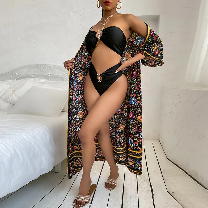 

2021 Summer Boho Beach Long Dress Brazilian Floral Print Women Cover Up Swimwear Retro Short Sleeve Bandage Robe Bikini Swimsuit