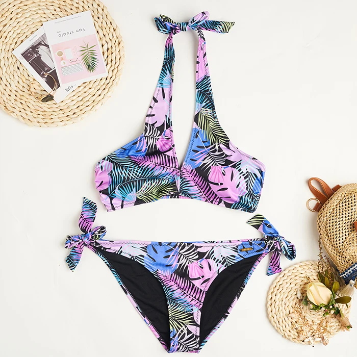 

2022 new leaf plant color contrast print high waist bikini suit push-up two-piece swimsuit ladies beachwear swimwear swimsuit