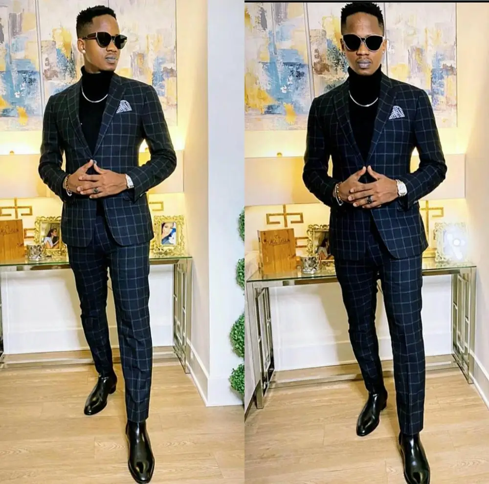 

Navy Check Wedding Tuxedos Notched Lapel Slim Fit One Button Groom Wear Formal Party Prom Men Suit Blazer (Jacket+Pants)