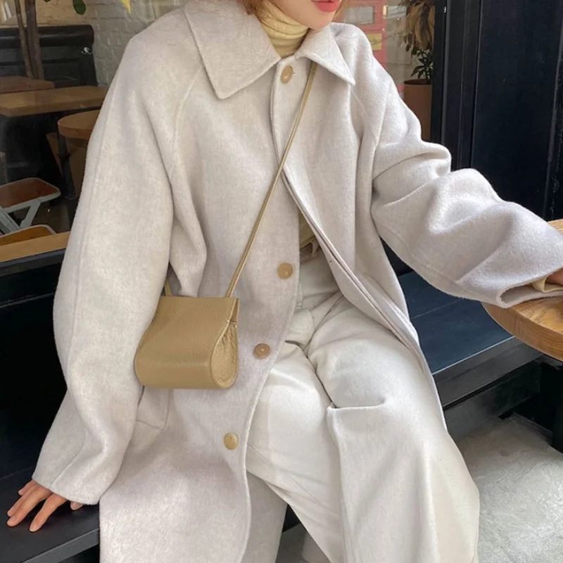 

Autumn Winter Women Woolen Jacket New Warm Turn Down Collar Long-sleeve Solid Color Fashion Casual Female Loose Mid-length Coat