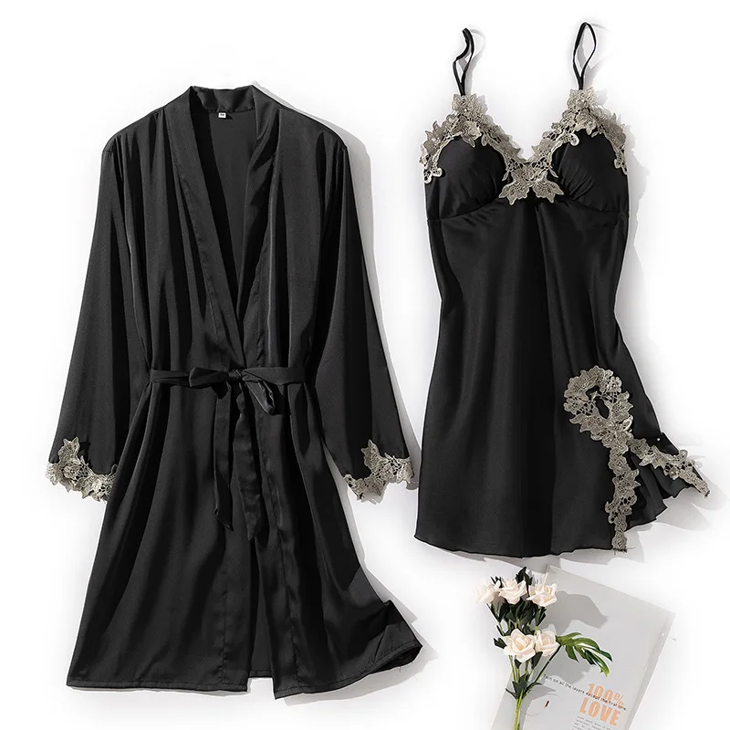 

Sleepwear Women Sexy Kimono Bathrobe Gown Satin 2PCS Robe Sets With Pads Intimate Lingerie Nightwear Lace Sleep Suit Pyjamas
