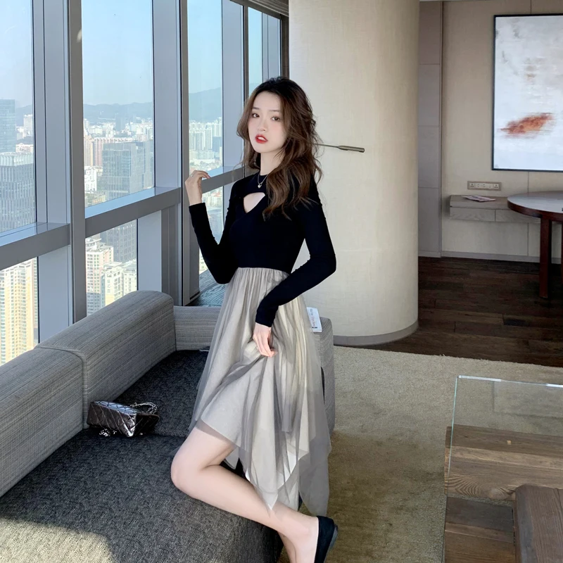 

COIGARSAM Patchwork Women dress New Mesh High Waist Dresses Black 1628