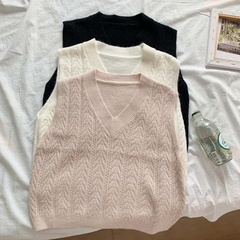 

Женский простой винтажный свитер, жилет с V-образным вырезом, однотонный Универсальный вязаный жилет без рукавов для ленивых женщин на весн...