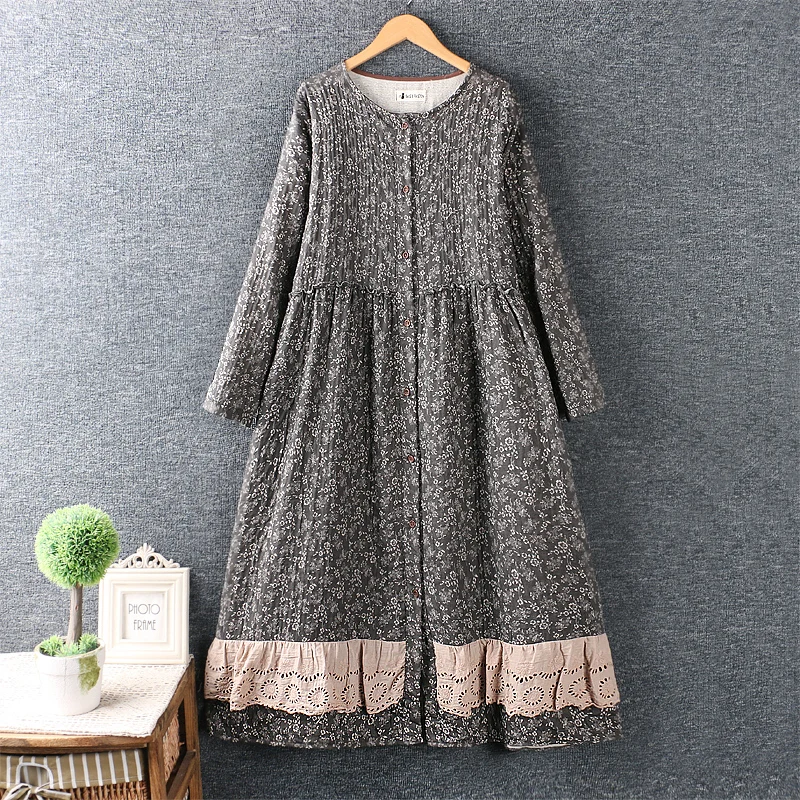 

Autumn dress women 2020 new art small fresh Floral Dress cotton hemp dress Long Sleeve Dress