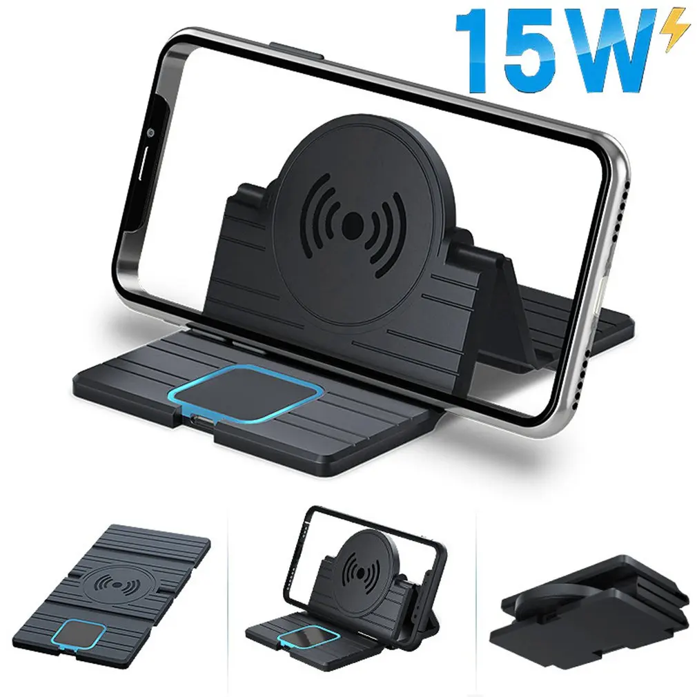 

15W 2in1 Non-slip Silicone Mat Car Dashboard Holder Stand Fast Charging Qi Wireless Charger Dock Station Pad for iPhone Samsung
