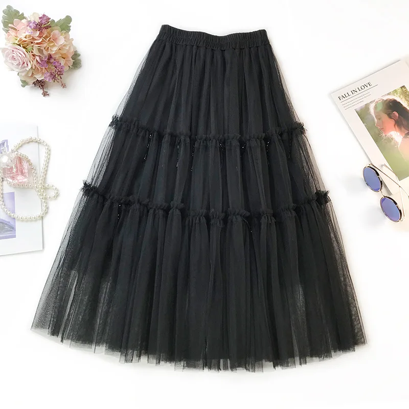 Женская Плиссированная Юбка миди из тюля с высокой талией|Женские юбки| |