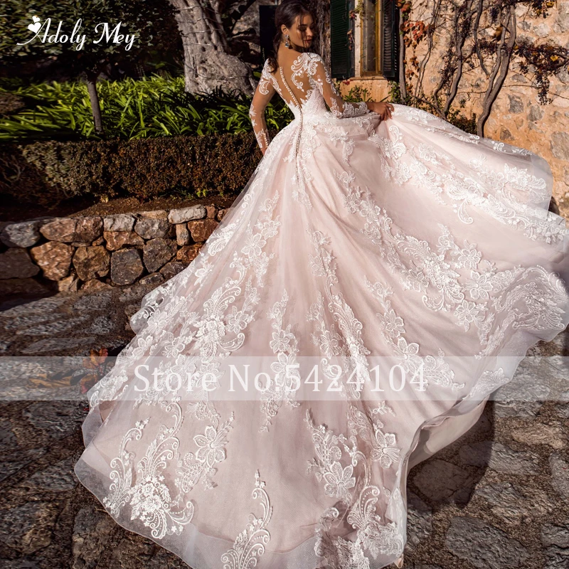 Adoly Mey Gorgeous Appliques Court Train A-Line Wedding Dresses 2020 Elegant Scoop Neck Long Sleeve Vintage Bride Gown Plus Size | Свадьбы и