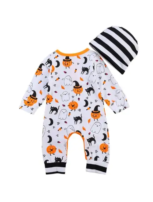

Newborn Baby Long Sleeve Rompers Jumpsuit Cartoon Halloween Print Round Neck One Piece Long Pants Hat Costume