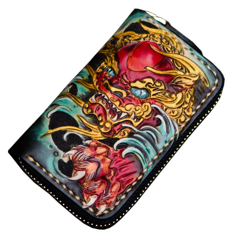 

Handmade Mini Women Men Vegetable Tanned Leather Key Black Zipper Wallet Lion Bag Clutch Purse Keys Holders Coin Purses