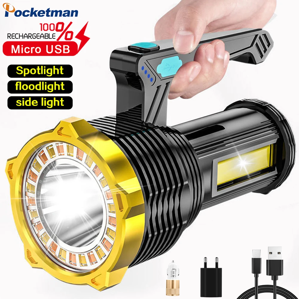 

200W Portable Powerful LED Spotlight Searchlight 3 in 1 With Side Light Power Display 8Modes Portable Flashlight Fishing Lantern