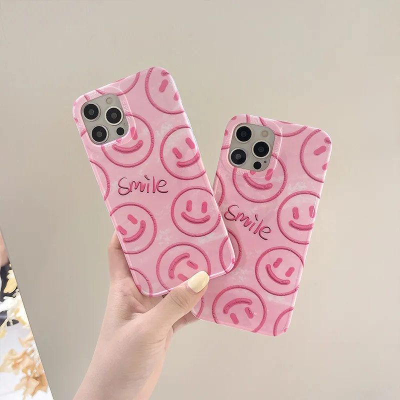 

Phone Case For iPhone 12 Mini 11 Pro MAX X XR XS MAX 7 8 Plus Full Protection Silica Shockproof Pink Smiley Pattern Back Covers
