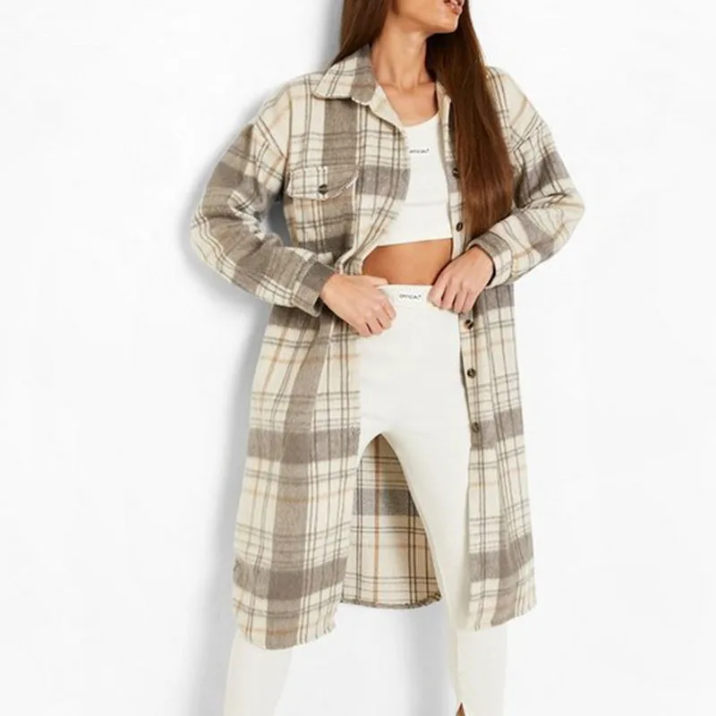 

Женская блузка с длинным рукавом, повседневное однобортное длинное пальто в клетку с отложным воротником, Осень-зима 2021