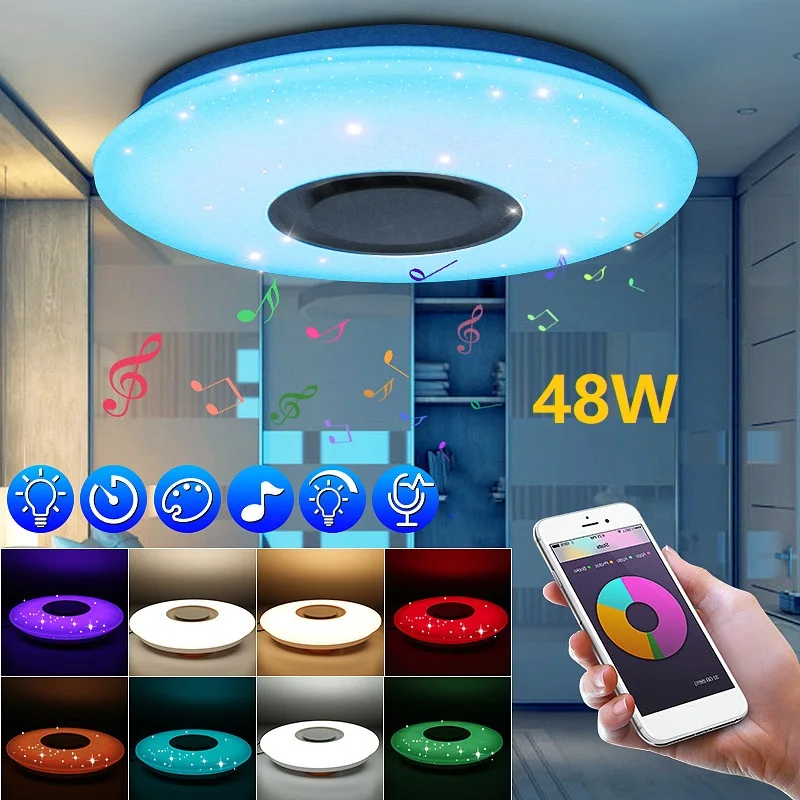 Lámpara de techo RGB de música regulable, control remoto y aplicación 24/48/60W, luces de techo, AC85-265V para el hogar, Altavoz bluetooth, accesorio de iluminación