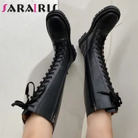 sarairis new brand design skidproof sole shoelaces mid calf chic winter shoes boots women cool motorcycles boot footwear